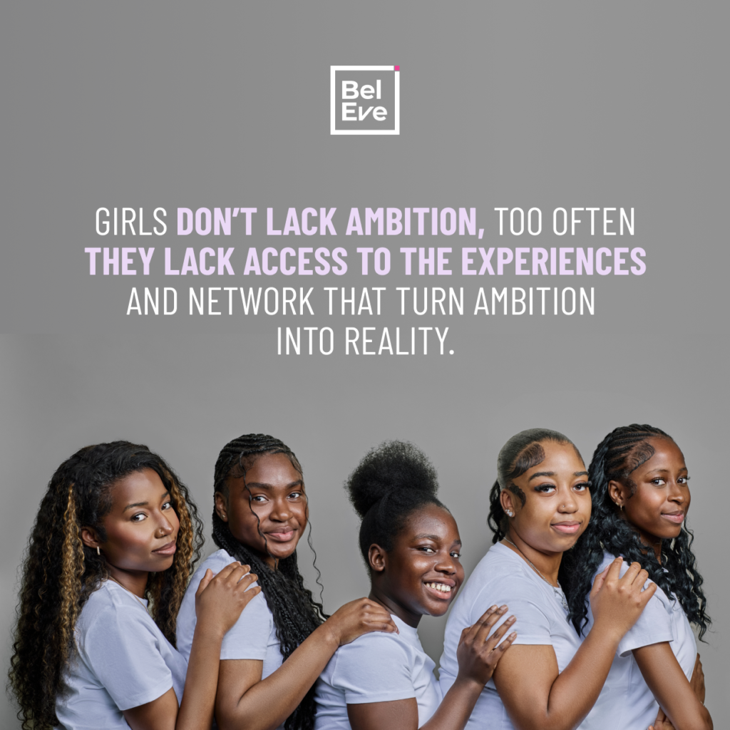 Charity social media campaign imagery of five young women posing together under an inspirational quote