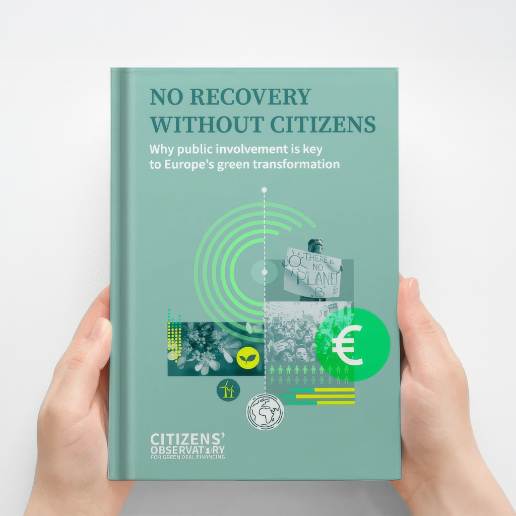Printed report cover designed by Creative Lab for Bankwatch — "No Recovery Without Citizens", featuring green deal illustrations and editorial layout.
