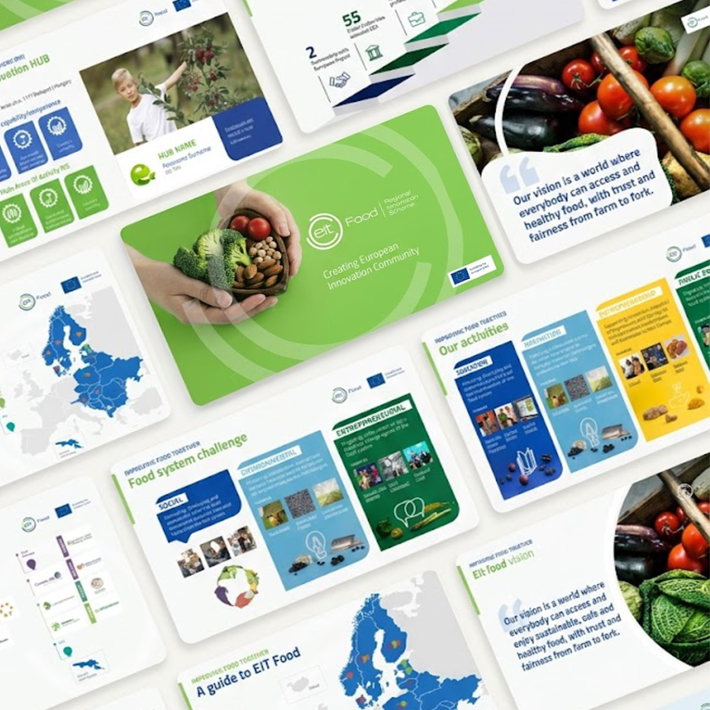 Slides from a PowerPoint presentation deck designed by Creative Lab for EIT Food — infographics, illustrations and key visuals in a green and blue brand palette.