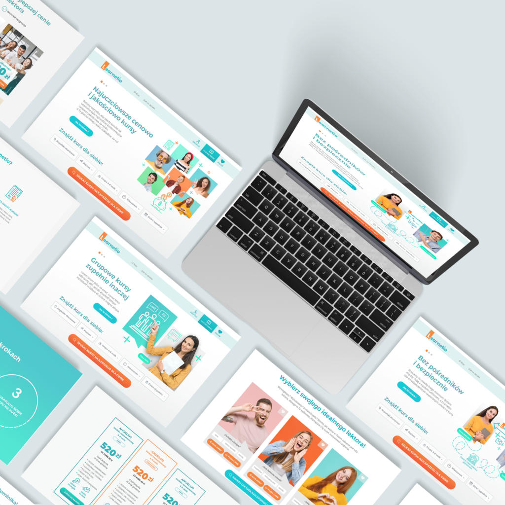 Multiple screens of the Learnetio language-course platform, web and UI design by Creative Lab, shown on desktop.