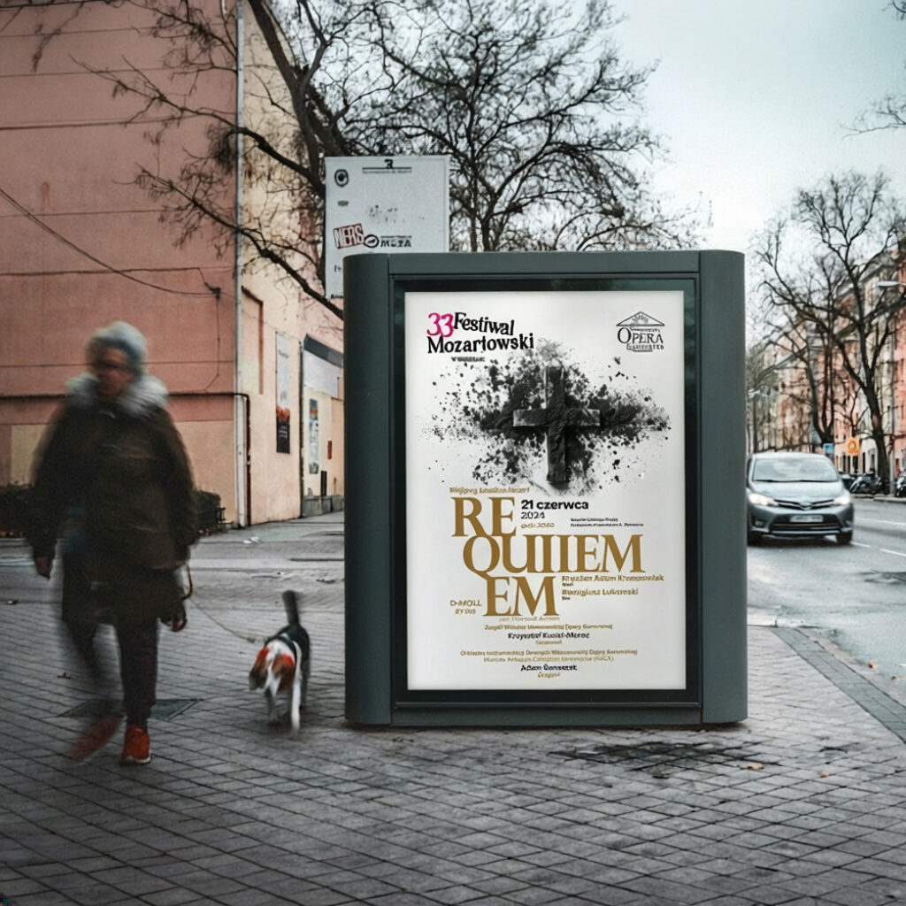 Mozart Festival "Requiem" concert poster on a city citylight — event poster design by Creative Lab for Warsaw Chamber Opera.