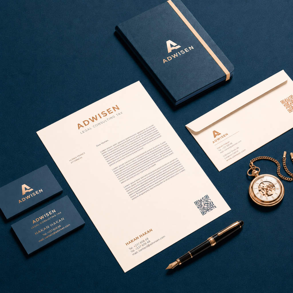Premium law firm branding and stationery design in London featuring a luxury letterhead, DL envelope, business cards and notebook with elegant gold logo.