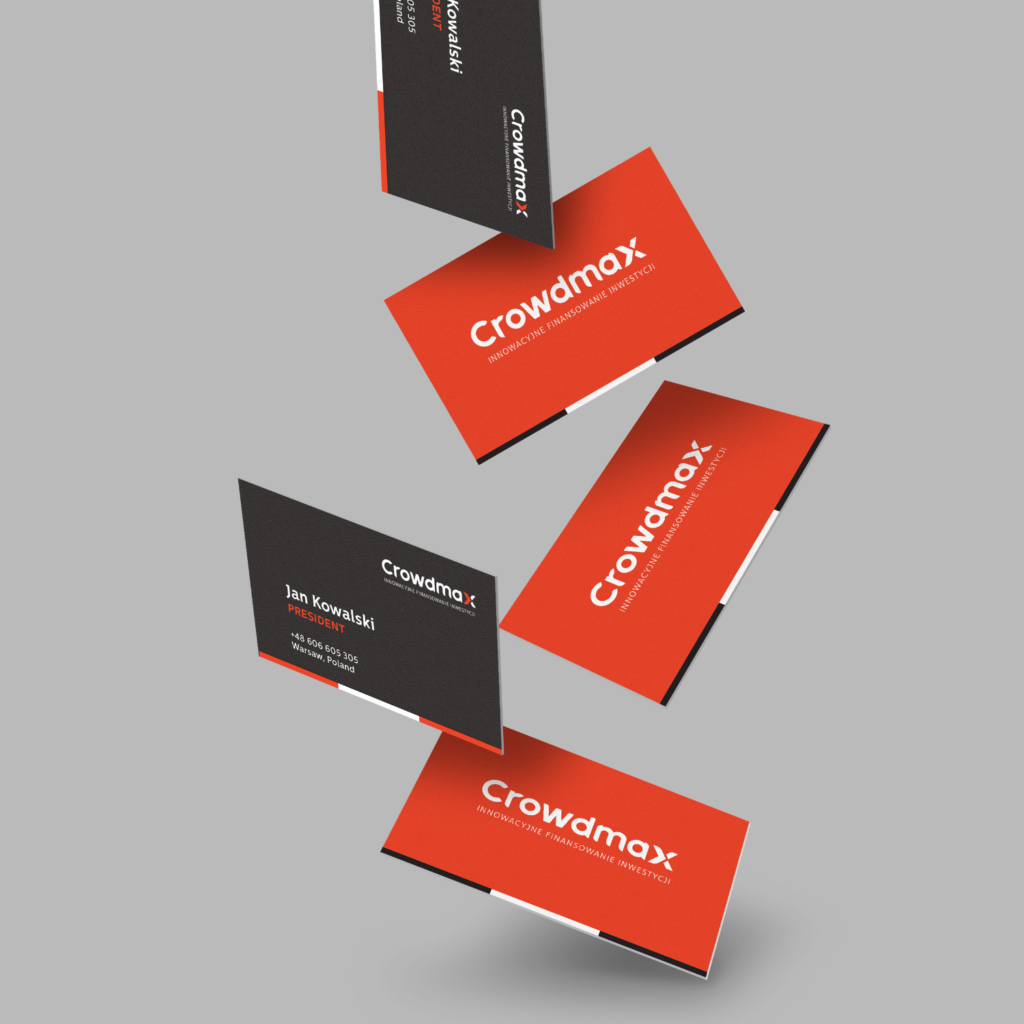Floating red and black business cards displaying the Crowdmax corporate logo